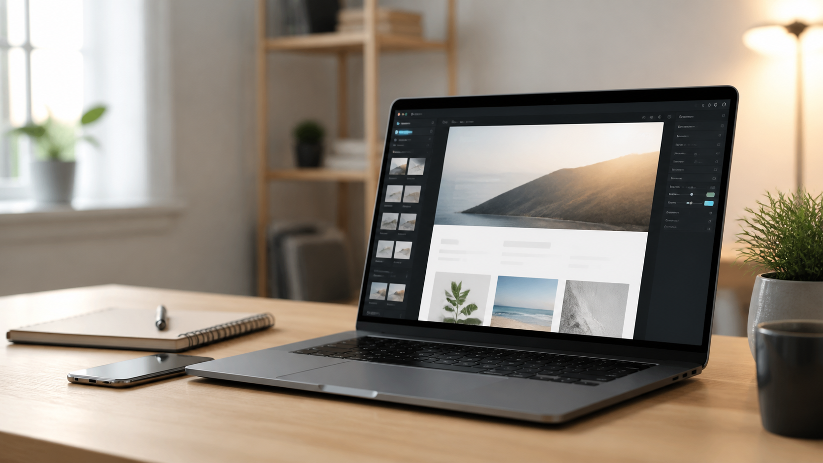 Laptop on a desk showing a polished website mockup